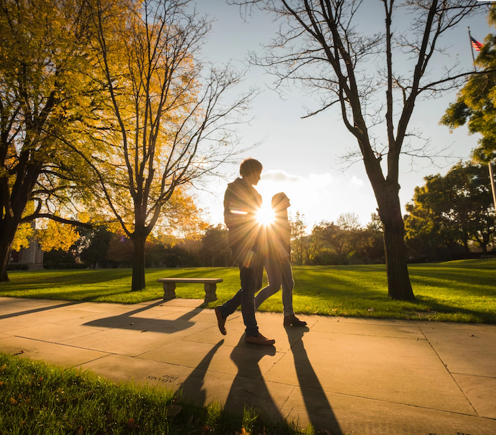 Students walk outside at golden hour 