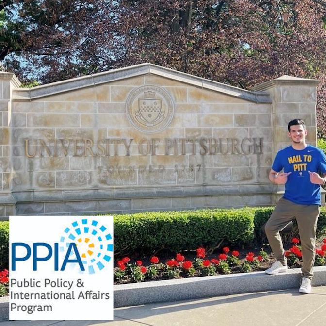 Student attending Pitt poses at university sign with PPIA program logo 